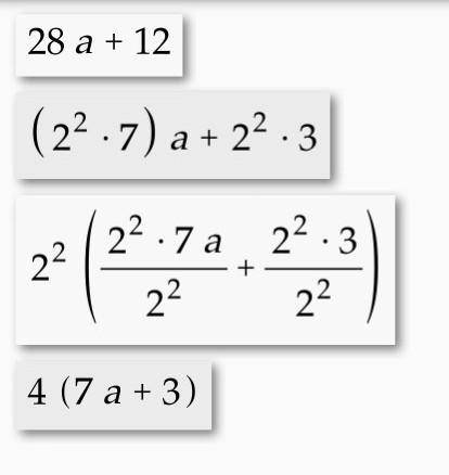 Factor the algebraic expression: 28a + 12