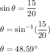 \sin\theta=\dfrac{15}{20}\\\\\theta=\sin^{-1}(\dfrac{15}{20})\\\\\theta=48.59^{\circ}
