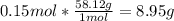 0.15mol*\frac{58.12g}{1mol} =8.95g