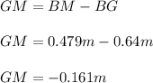 GM=BM-BG\\\\GM=0.479m-0.64m\\\\GM=-0.161m\\\\