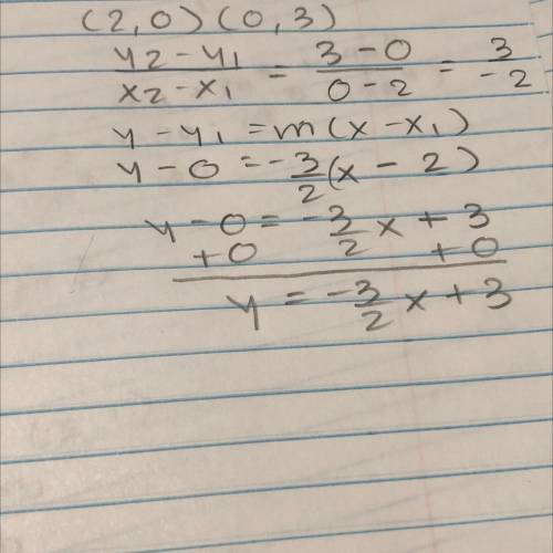What is an equation for the line that passes through the coordinates (2, 0) and (0, 3)?