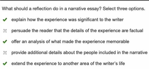 What should a reflection do in a narrative essay? Select three options. explain how the experience w