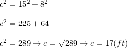 c^2=15^2+8^2\\\\c^2=225+64\\\\c^2=289\to c=\sqrt{289}\to c=17(ft)