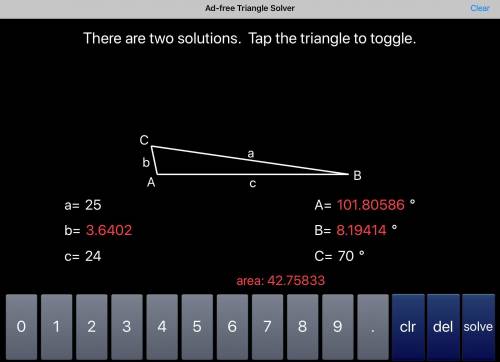 Find all solutions for a triangle with C = 70°, c = 24, and a = 25.