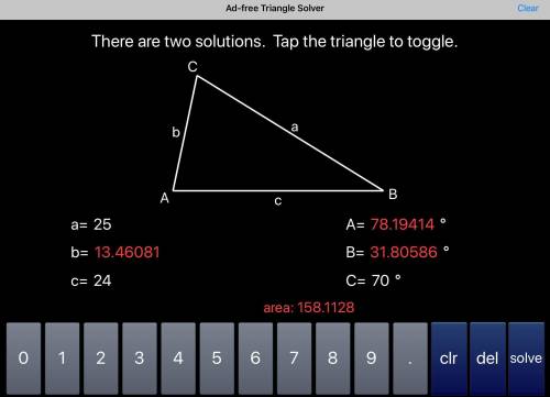 Find all solutions for a triangle with C = 70°, c = 24, and a = 25.