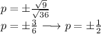 \large{p =   \pm \frac{ \sqrt{9} }{ \sqrt{36} } } \\  \large{p =  \pm  \frac{3}{6}  \longrightarrow p = \pm  \frac{1}{2} }