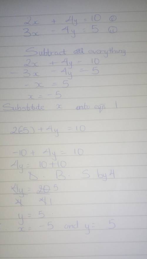 Use the elimination method to slove the system of equations. 2x+4y=10 3x-4y=5