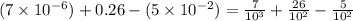 (7 \times 10 ^{-6}) + 0.26 - (5 \times 10^{-2}) = \frac{7}{10^3} + \frac{26}{10^2}-\frac{5}{10^2}