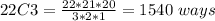 22C3=\frac{22*21*20}{3*2*1} =1540 ~ways