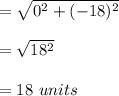 =\sqrt{0^2+(-18)^2}\\\\=\sqrt{18^2}\\\\=18\ units