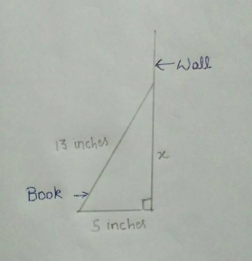 A book that is 13 inches tall is leaning against the edge of a wall. If the bottom of the book is 5