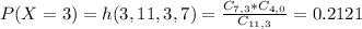 P(X = 3) = h(3,11,3,7) = \frac{C_{7,3}*C_{4,0}}{C_{11,3}} = 0.2121