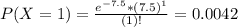 P(X = 1) = \frac{e^{-7.5}*(7.5)^{1}}{(1)!} = 0.0042