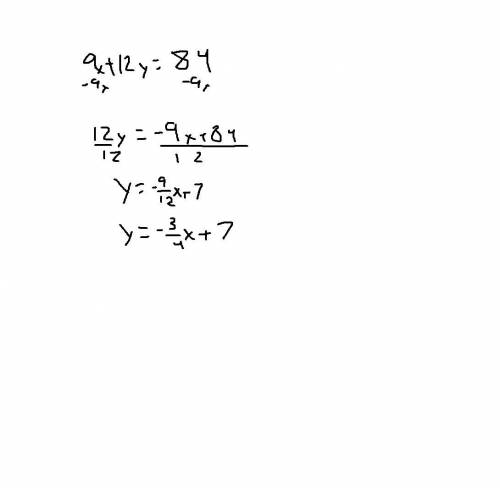 Put the following equation of a line into slope-intercept form, simplifying all fractions.

9x+12y=-