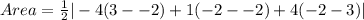Area = \frac{1}{2}|-4(3 - -2) + 1(-2 - -2) + 4(-2 - 3)|