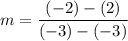 \displaystyle m=\frac{(-2)-(2)}{(-3)-(-3)}