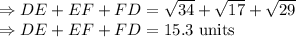 \Rightarrow DE+EF+FD=\sqrt{34}+\sqrt{17}+\sqrt{29}\\\Rightarrow DE+EF+FD=15.3\ \text{units}