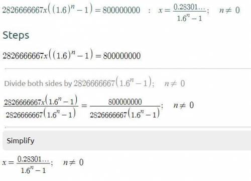 2826666667×(〖1,06〗^n-1)=800000000

 (〖1,06〗^n-1)=0,283
 〖1,06〗^n=1,283
 〖log⁡(1,06)〗^(n )=log⁡( 1