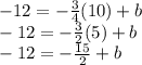 -12=-\frac{3}{4}(10)+b\\-12=-\frac{3}{2}(5)+b\\-12=-\frac{15}{2}+b