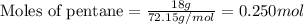 \text{Moles of pentane}=\frac{18g}{72.15g/mol}=0.250 mol