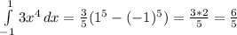 \int\limits^1_{-1} {3x^4} \, dx = \frac{3}{5}(1^5 - (-1)^5) = \frac{3*2}{5} = \frac{6}{5}