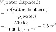 \begin{aligned}& V(\text{water displaced}) \\ &= \frac{m(\text{water displaced})}{\rho(\text{water})} \\ &= \frac{500\; \rm kg}{1000\; \rm kg \cdot m^{-3}} = 0.5\; \rm m^{3}\end{aligned}