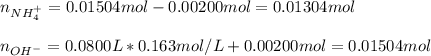 n_{NH_4^+}=0.01504mol-0.00200mol=0.01304mol\\\\n_{OH^-}=0.0800L*0.163mol/L+0.00200mol=0.01504mol