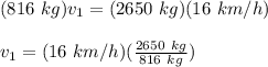 (816\ kg)v_1 = (2650\ kg)(16\ km/h)\\\\v_1 = (16\ km/h)(\frac{2650\ kg}{816\ kg})