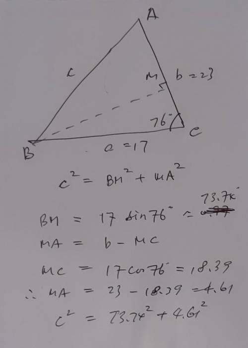 If triangle ABC has the following measurements, find the measure of c.

a=17
b=23
C=76 degrees