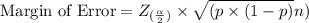 \text{Margin of Error} = Z_{(\frac{\alpha}{2})} \times \sqrt{( p \times (1-p)}{n})
