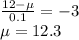 \frac{12 - \mu}{0.1} = -3\\\mu = 12.3