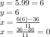 y = 5.99 = 6 \\ y = 6 \\ x =  \frac{6(6) - 36}{11}  \\ x =  \frac{36- 36}{11}   =  0
