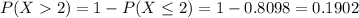 P(X  2) = 1 - P(X \leq 2) = 1 - 0.8098 = 0.1902