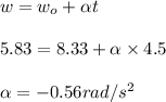 w = w_o + \alpha  t \\\\5.83 = 8.33 + \alpha \times 4.5\\\\\alpha = - 0.56 rad/s^2