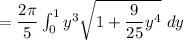 = \dfrac{ 2 \pi}{5} \int ^1_0 y^3   \sqrt{1 + \dfrac{9}{25}y^4} \ dy
