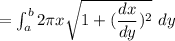 =\int^b_a  2 \pi x \sqrt{1 + (\dfrac{dx}{dy})^2} \ dy