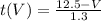 t(V) = \frac{12.5 - V}{1.3}