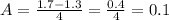 A = \frac{1.7 - 1.3}{4} = \frac{0.4}{4} = 0.1