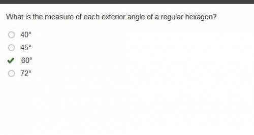 What is the measure of each exterior angle of a regular hexagon?
40°
45°
60°
72°