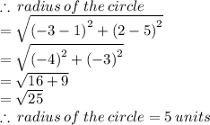 \therefore \: radius \: of \: the \: circle \\  =  \sqrt{ {( - 3 - 1)}^{2} +  {(2 - 5)}^{2}  }  \\  =  \sqrt{ {( - 4)}^{2}  +  {( - 3)}^{2} }  \\  =  \sqrt{16 + 9}  \\  =  \sqrt{25}  \\  \therefore \: radius \: of \: the \: circle  = 5 \: units