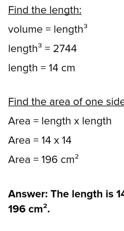 The volume of a cube is 2,744 m3. What is the side length of the cube?