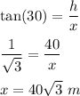 \tan(30)=\dfrac{h}{x}\\\\\dfrac{1}{\sqrt3}=\dfrac{40}{x}\\\\x=40\sqrt3\ m