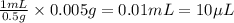 \frac{1mL}{0.5g}\times 0.005g=0.01mL=10\mu L