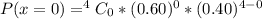 P(x=0) = ^4C_0 * (0.60)^0 *(0.40)^{4-0}