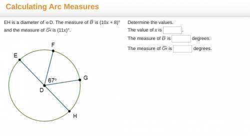 EH is a diameter of D. The measure of ef is (10x+ 8) and the measure of gh is (11x). Determine the v