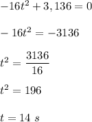-16t^2 +3,136=0\\\\-16t^2=-3136\\\\t^2=\dfrac{3136}{16}\\\\t^2=196\\\\t=14\ s