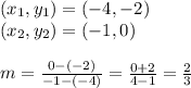 (x_{1},y_{1})=(-4,-2)\\(x_{2},y_{2})=(-1,0)\\\\m = \frac{0-(-2)}{-1-(-4)}=\frac{0+2}{4-1}=\frac{2}{3}