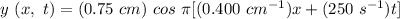 y \ (x, \ t) = (0.75 \ cm) \ cos \ \pi[(0.400 \ cm^{-1}) x + (250 \ s^{-1})t]