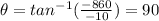 \theta=tan^{-1}(\frac{-860}{-10})=90