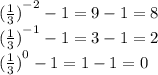 { ( \frac{1}{3} ) }^{ - 2} - 1  = 9 - 1 = 8 \\ { ( \frac{1}{3} ) }^{ - 1}  - 1 = 3 - 1 = 2 \\ { ( \frac{1}{3} ) }^{ 0} - 1  = 1 - 1 = 0